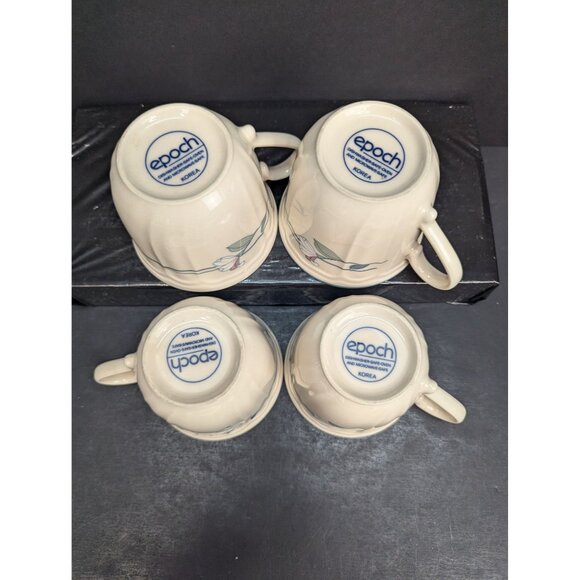 Epoch Lilies Floral Pleated Blue Rim 8 Oz Coffee/Tea Cup Set of 4 - Picture 7 of 8